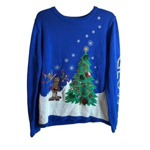 Holiday Time Sweater XL Blue Reindeer Sequin Let It Glow Women